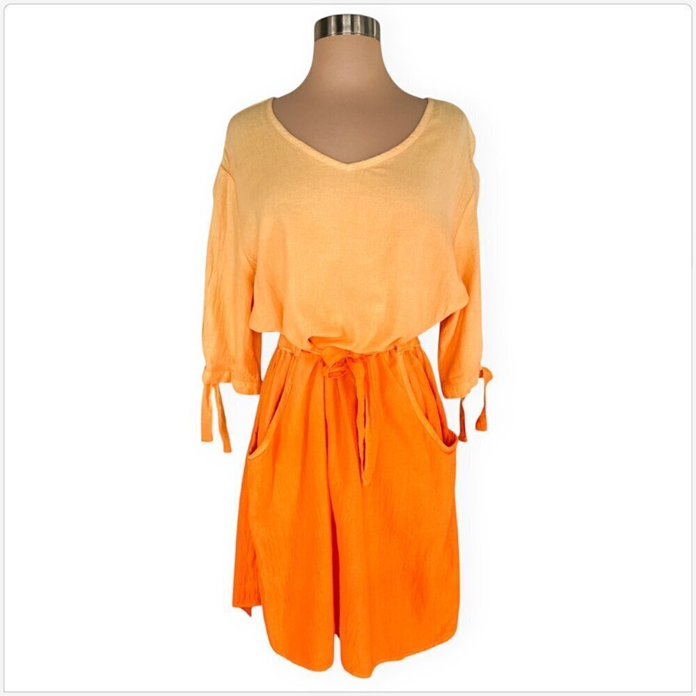 Produce Company Fresh Orange Ombre Gauze Tie Elastic Waist Boho Summer Dress M